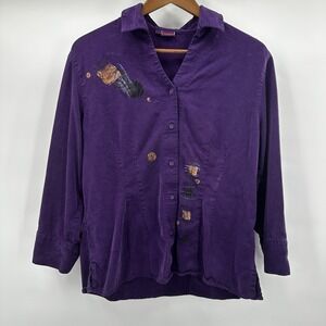 Tianello Top Shirt Womens Medium Purple Button Tencel Rayon Resort Art